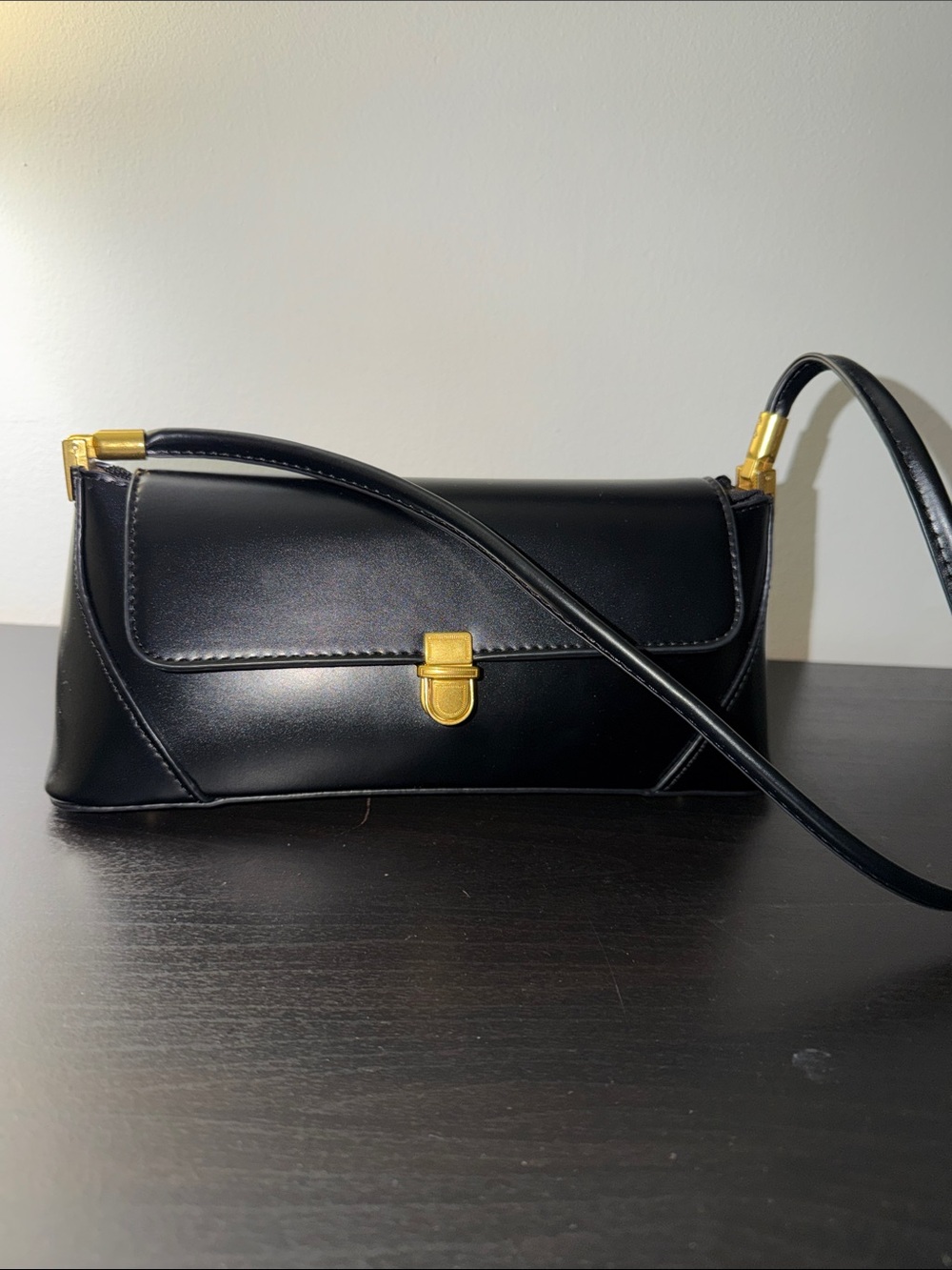Classic Black Leather Shoulder Bag with Gold Hardware